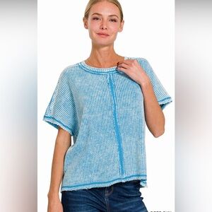 🆕 NWOT ZENANA Ocean Blue Acid Washed Waffle Top | Size S/M (Fits Up to XL)